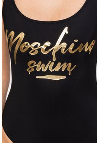 MOSCHINO Czarny jednoczęściowy strój kąpielowy ze złotym logo, Rozmiar XS. Kolor: czarny. Wzór: nadruk