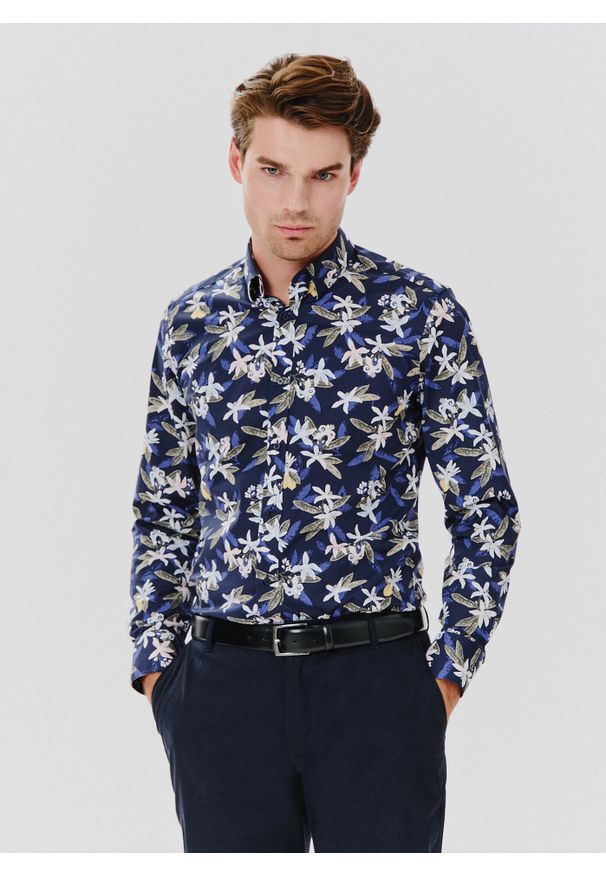 Pako Lorente - PAKO LORENTE – Granatowa koszula męska w kwiaty. Kolor: niebieski. Materiał: bawełna, elastan. Długość rękawa: długi rękaw. Długość: długie. Wzór: kwiaty
