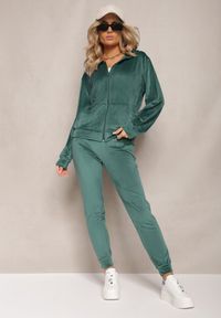 Renee - Ciemnozielony Welurowy Komplet Dresowy Bluza z Kapturem i Proste Spodnie Arislo. Kolor: zielony. Materiał: dresówka, welur #3