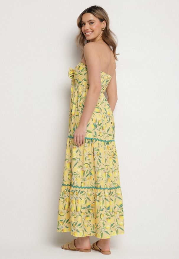 Born2be - Żółta Sukienka w Cytryny z Kokardą Galadessa. Okazja: na randkę, na co dzień. Typ kołnierza: kokarda. Kolor: żółty. Sezon: lato. Styl: casual, elegancki