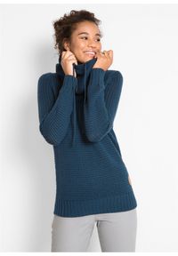 bonprix - Sweter z golfem z troczkami. Typ kołnierza: golf. Kolor: niebieski. Materiał: skóra. Wzór: aplikacja #1