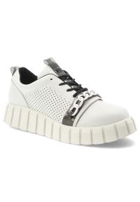 Sneakersy damskie Artiker cholewka ze skóry naturalnej licowej z perforowanym panelem bocznym i sznurowaniem uzupełnionym dekoracyjnym łańcuchem, bia. Kolor: biały. Materiał: skóra. Szerokość cholewki: normalna #4