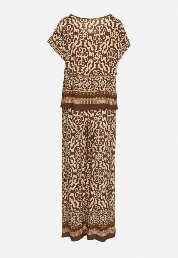 Born2be - Ciemnobrązowy Komplet Bawełniany w Ornamentalny Wzór Spodnie i Bluzka Nanirienna. Kolor: brązowy. Materiał: bawełna