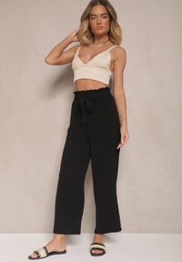 Renee - Czarne Spodnie z Wiskozą o Szerokim Kroju High Waist z Wiązaniem Ivelwia. Stan: podwyższony. Kolor: czarny. Materiał: wiskoza. Sezon: lato