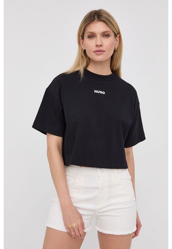 Hugo - HUGO t-shirt bawełniany kolor czarny. Kolor: czarny. Materiał: bawełna. Wzór: gładki