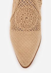 Born2be - Ciemnobeżowe Ażurowe Botki Kowbojki VICES na Niskim Obcasie Azimessa. Okazja: na co dzień, na spotkanie biznesowe, do pracy. Kolor: beżowy. Materiał: jeans. Wzór: ażurowy. Obcas: na obcasie. Styl: casual, biznesowy, elegancki. Wysokość obcasa: niski #6