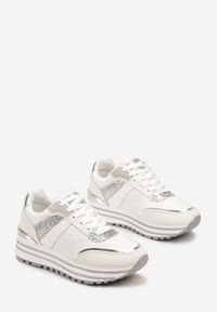 Renee - Biało-Srebrne Sneakersy z Brokatem na Ozdobnej Grubej Podeszwie Rilveia. Kolor: biały #4