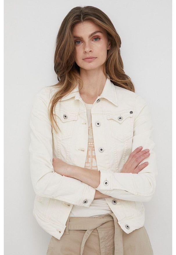 Pepe Jeans kurtka jeansowa THRIFT damska kolor beżowy przejściowa. Kolor: beżowy. Materiał: materiał. Wzór: gładki