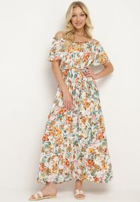 Born2be - Biało-Pomarańczowa Sukienka z Hiszpańskim Dekoltem z Wiązanym Paskiem w Kwiaty z Bawełny Rissanique. Okazja: na co dzień. Kolor: biały. Materiał: bawełna. Wzór: kwiaty. Sezon: lato. Typ sukienki: rozkloszowane. Styl: casual, elegancki #1