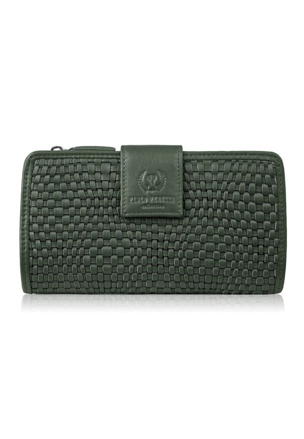 PAOLO PERUZZI - Portfel damski skórzany w kolorze butelkowej zieleni duży pleciony Paolo Peruzzi AY-08-GB. Kolor: zielony. Materiał: skóra