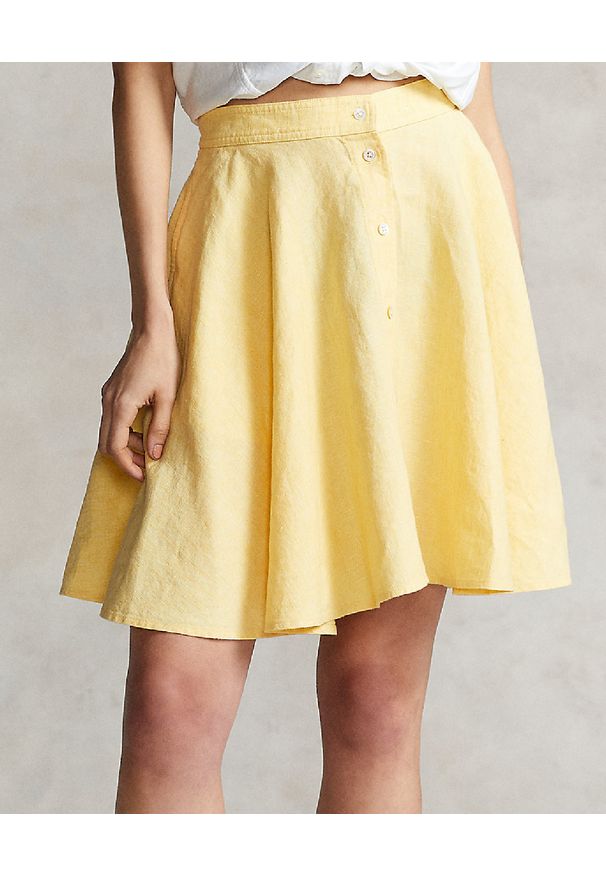 Ralph Lauren - RALPH LAUREN - Lniana spódnica zapinana na guziki. Kolor: żółty. Materiał: len