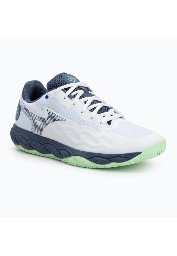Buty do tenisa męskie Mizuno Wave Enforce Court AC. Kolor: biały, niebieski, wielokolorowy, zielony. Model: Mizuno Wave. Sport: tenis