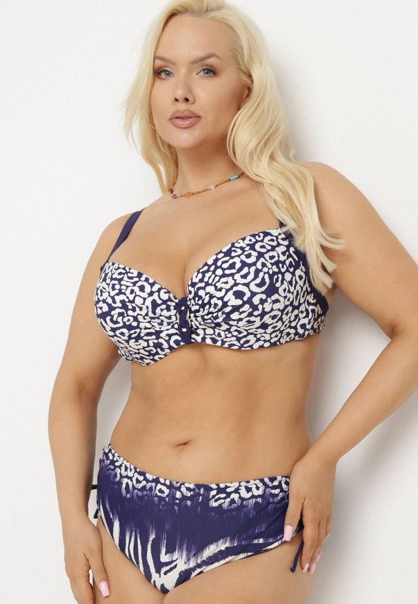 Born2be - Granatowe Bikini w Panterkę Biustonosz i Majtki Figi ze Ściągaczem Linuria. Kolekcja: plus size. Kolor: niebieski. Wzór: motyw zwierzęcy