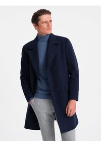 Ombre Clothing - Dwurzędowy męski płaszcz z podszewką - granatowy V3. Typ kołnierza: kołnierz rewers. Kolor: niebieski. Materiał: poliester
