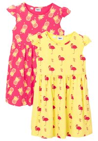 bonprix - Sukienka letnia dziewczęca (2 szt.) z bawełny organicznej. Kolor: żółty. Materiał: bawełna. Wzór: aplikacja, nadruk. Sezon: lato