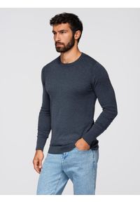 Ombre Clothing - Sweter klasyczny męski z wiskozą BASIC z okrągłym dekoltem – granatowy melanż V16. Okazja: na co dzień, do pracy, na spotkanie biznesowe. Kolor: niebieski. Materiał: wiskoza. Wzór: melanż. Styl: klasyczny