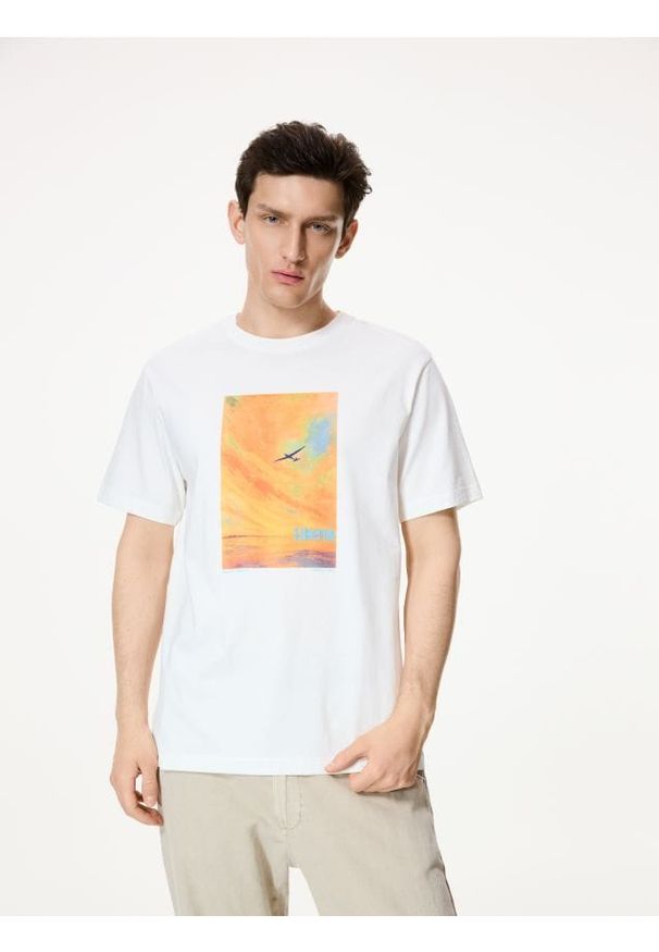 Reserved - T-shirt regular z nadrukiem - złamana biel. Materiał: bawełna, dzianina. Wzór: nadruk