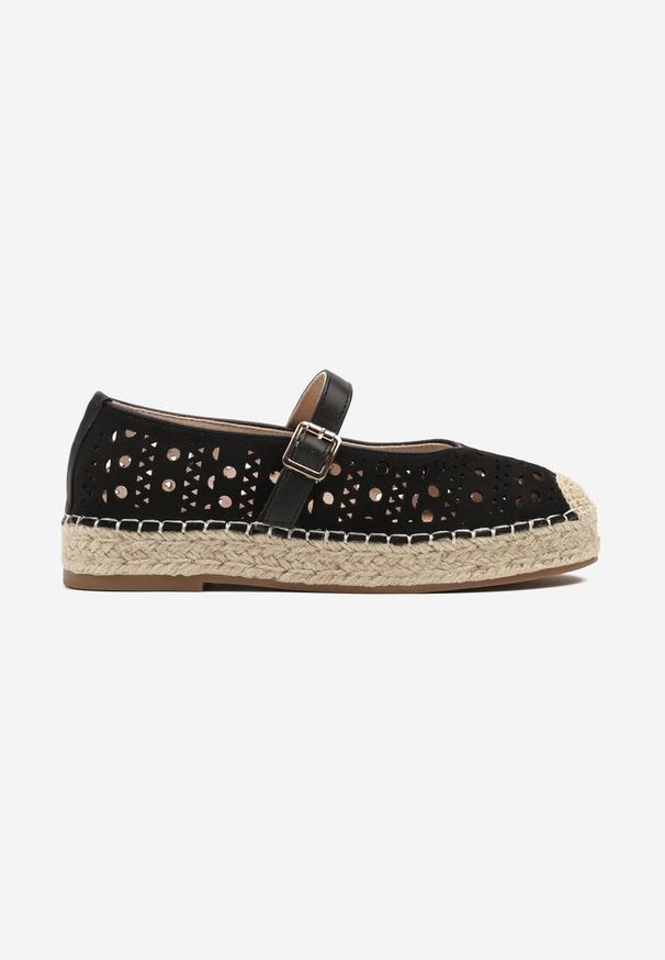 Born2be - Czarne Ażurowe Espadryle na Płaskiej Podeszwie z Plecionką Aravithra. Okazja: na co dzień. Zapięcie: sprzączka. Kolor: czarny. Materiał: jeans. Wzór: ażurowy. Obcas: na płaskiej podeszwie. Styl: elegancki, casual