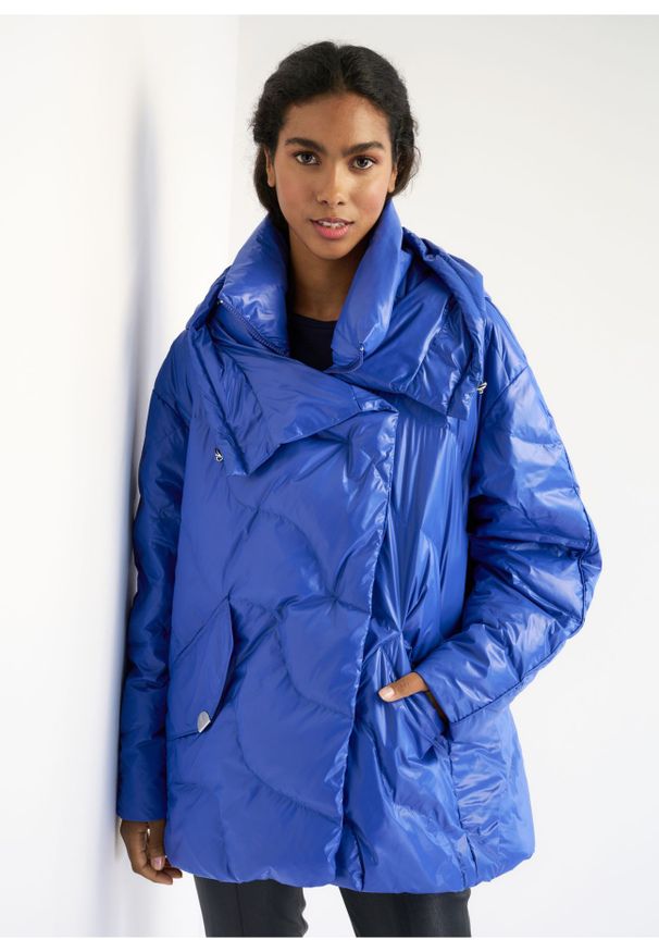 Ochnik - Kurtka puchowa damska oversize. Typ kołnierza: kaptur. Kolor: niebieski. Materiał: nylon