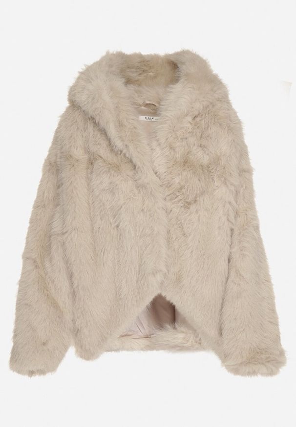 Born2be - Beżowa Kurtka Futerko z Kapturem i Kieszeniami Acantte. Okazja: na co dzień. Typ kołnierza: kaptur. Kolor: beżowy. Materiał: futro. Styl: casual, elegancki
