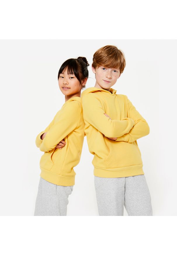 DOMYOS - Bluza dziecięca Domyos z kapturem. Typ kołnierza: kaptur. Kolekcja: plus size. Kolor: żółty. Materiał: bawełna, materiał. Sport: joga i pilates