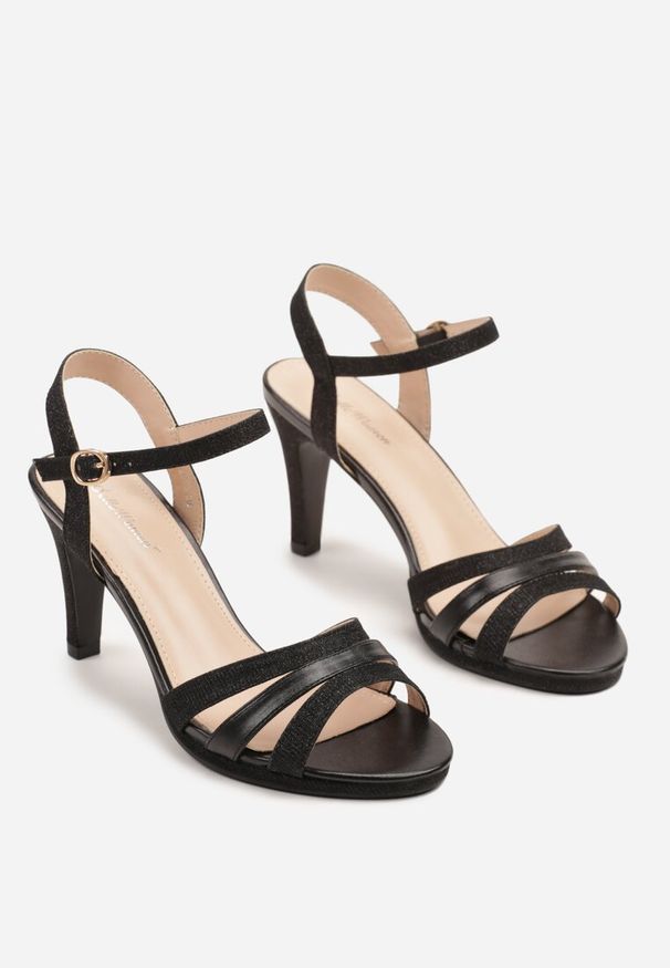 Born2be - Czarne Brokatowe Sandały na Szpilce Solfitra. Okazja: na co dzień. Zapięcie: sprzączka. Kolor: czarny. Materiał: jeans. Sezon: lato. Obcas: na szpilce. Styl: wizytowy, klasyczny, casual