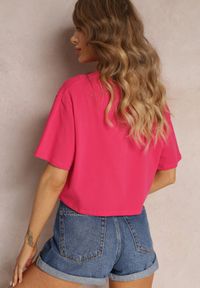 Renee - Fuksjowy T-shirt o Fasonie Cropped Oversize Brighta. Kolor: różowy. Materiał: jeans #2