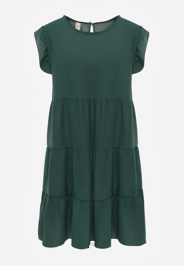 Renee - Ciemnozielona Sukienka z Krótkim Rękawem i Ozdobnymi Falbankami o Rozkloszowanym Kroju Vetesa. Okazja: na co dzień. Typ kołnierza: kołnierz z falbankami. Kolor: zielony. Materiał: wiskoza, jeans. Długość rękawa: krótki rękaw. Typ sukienki: proste. Styl: klasyczny, casual