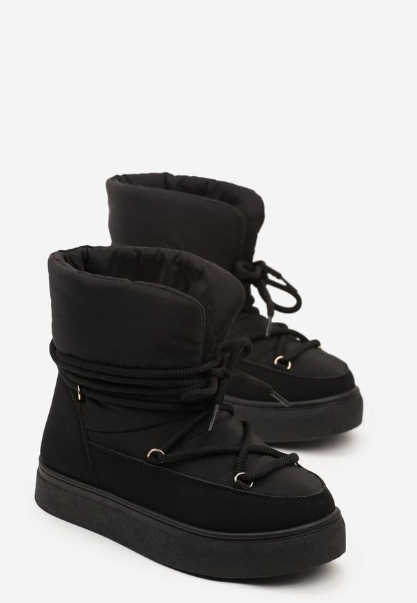 Renee - Czarne Śniegowce na Platformie ze Sznurowaniem Izatria. Nosek buta: okrągły. Kolor: czarny. Materiał: nubuk, syntetyk, materiał, futro. Sezon: zima. Obcas: na platformie. Wysokość obcasa: niski