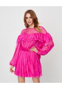 ICON - Jedwabna sukienka z falbaną Sunset. Kolor: różowy, wielokolorowy, fioletowy. Materiał: jedwab. Sezon: lato. Styl: wakacyjny #1