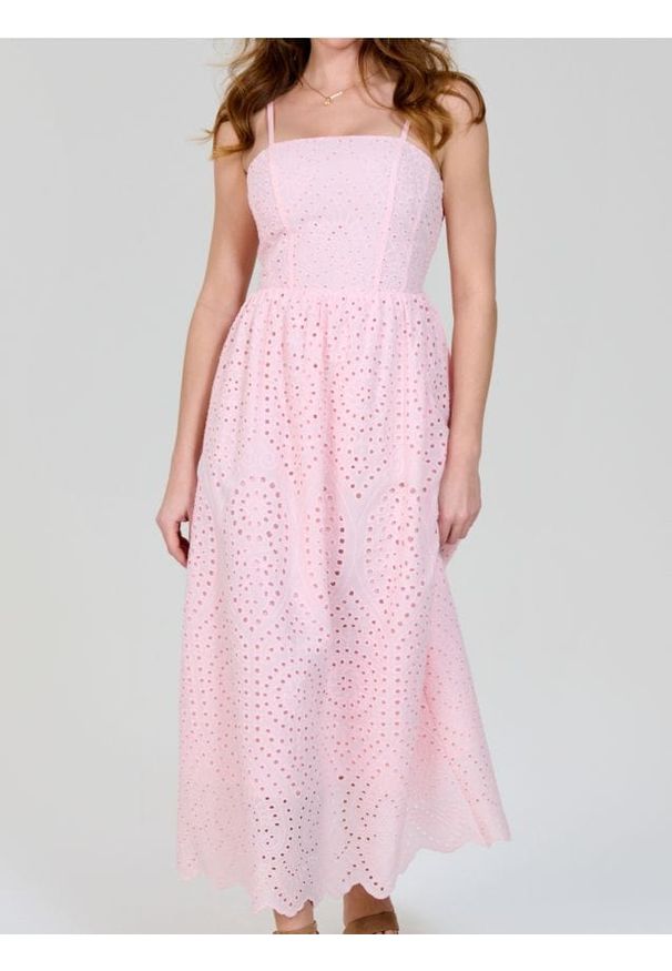 Sinsay - Bawełniana ażurowa sukienka midi - różowy. Kolor: różowy. Materiał: bawełna. Wzór: ażurowy. Długość: midi