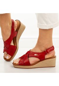 Bordowe skórzane sandały damskie na koturnie Sergio Leone Sk297s. Okazja: na co dzień, na spacer. Zapięcie: rzepy. Kolor: czerwony. Materiał: skóra. Sezon: wiosna, lato. Obcas: na koturnie. Styl: casual #1