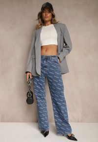 Renee - Niebieskie Jeansy Straight Leg High Waist Zdobione Printem Vilesse. Okazja: na co dzień, na spacer. Stan: podwyższony. Kolor: niebieski. Wzór: aplikacja, nadruk. Styl: klasyczny, casual