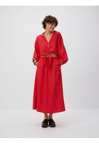 Reserved - Spódnica midi z lnem - czerwony. Kolor: czerwony. Materiał: len