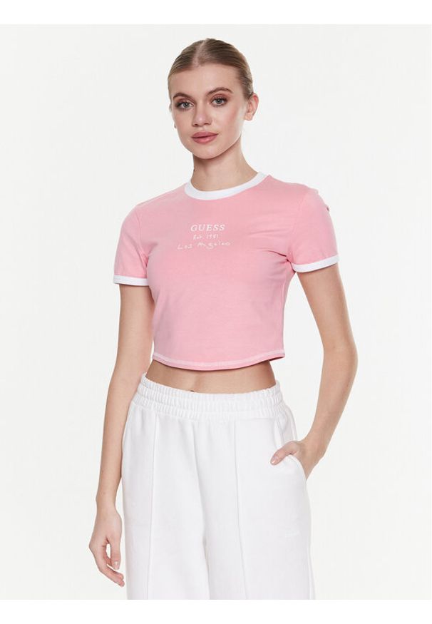 Guess T-Shirt Signature V3GI02 KBNW0 Różowy Slim Fit. Kolor: różowy. Materiał: bawełna