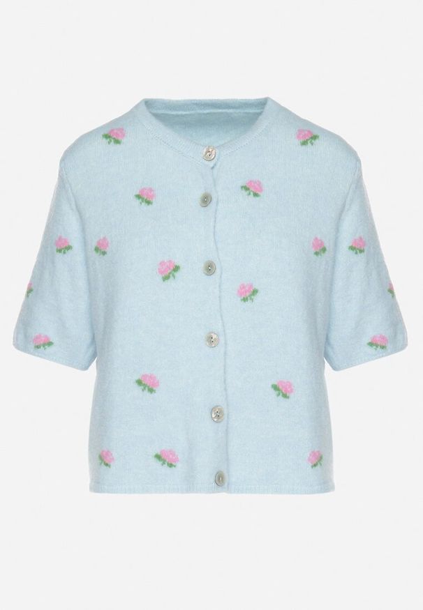 Born2be - Niebieski Sweter Kardigan z Krótkim Rękawem z Wełną w Ozdobny Print Korinelia. Okazja: na co dzień. Kolor: niebieski. Materiał: wełna. Długość rękawa: krótki rękaw. Długość: krótkie. Wzór: nadruk. Styl: casual, elegancki
