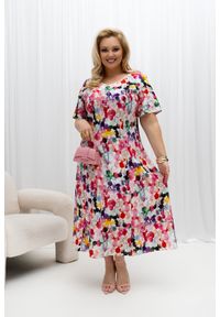 Moda Size Plus Iwanek - Lniana sukienka Lori z kolorowym akwarelowym motywem na wesele PLUS SIZE XXL OVERSIZE WIOSNA. Okazja: na ślub cywilny, na wesele. Kolekcja: plus size. Materiał: len. Wzór: kolorowy. Sezon: wiosna. Typ sukienki: oversize, dla puszystych. Styl: casual, elegancki, wakacyjny. Długość: midi #1