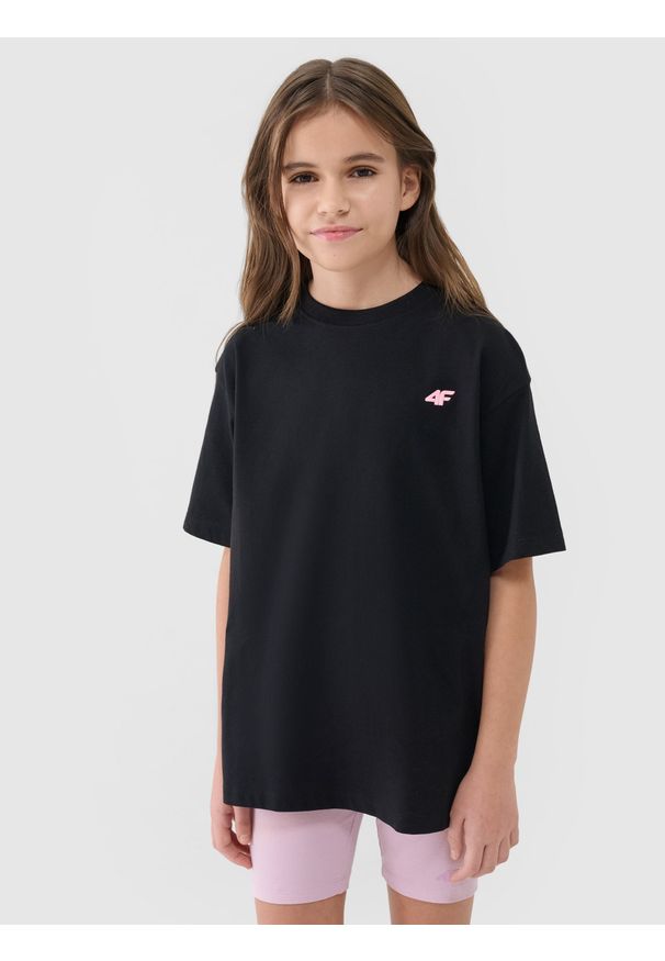 4f - 4F T-shirt oversize gładki dziewczęcy - czarny 146 (10-11 lat). Okazja: na co dzień. Kolor: czarny. Materiał: dzianina, bawełna, jersey. Wzór: gładki. Sezon: lato. Styl: klasyczny, sportowy, casual