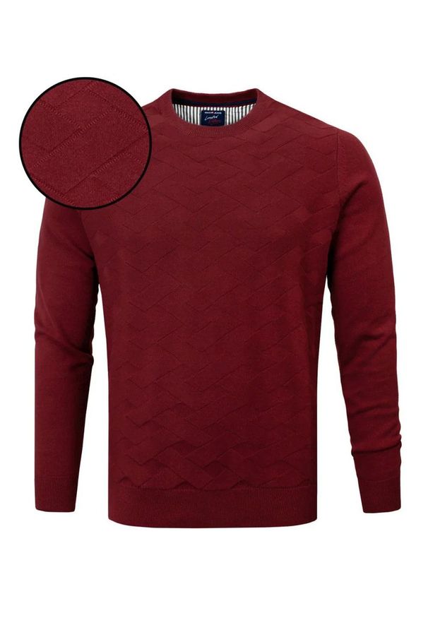 Bawełniany Sweter Męski - Pako Jeans - Bordowy z Fakturą Materiału. Kolor: czerwony. Materiał: bawełna. Sezon: zima, jesień, wiosna. Styl: klasyczny, elegancki