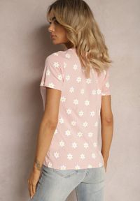 Renee - Różowy Bawełniany T-shirt w Kwiatki z Aplikacją z Cyrkonii Ogerdia. Okazja: na co dzień. Kolor: różowy. Materiał: bawełna. Wzór: kwiaty, aplikacja. Styl: casual #4