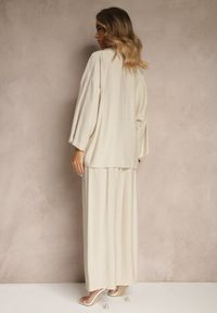 Renee - Beżowy Wiskozowy Komplet Oversize Koszula i Spodnie Wide Leg Zierana. Kolor: beżowy. Materiał: wiskoza