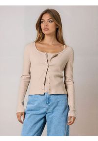 Sinsay - Prążkowany zestaw dwucześciowy z kontrastowym wykończeniem - beżowy. Kolor: beżowy. Materiał: prążkowany