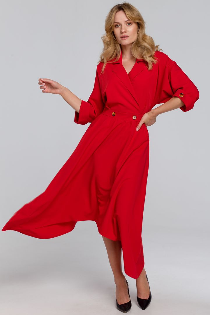 Czerwona sukienka e-margeritka midi, kopertowa, gładkie MKOV086-CZERWONY -  Sukienki 
