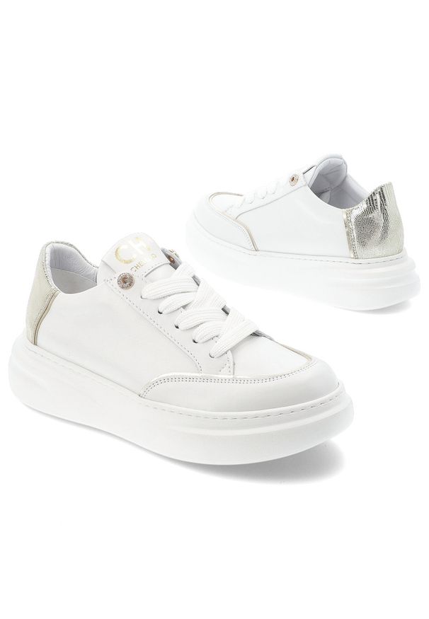 CheBello - Białe Sneakersy Chebello Wygodne Obuwie Damskie. Zapięcie: sznurówki. Kolor: biały. Materiał: skóra. Styl: elegancki, sportowy, klasyczny