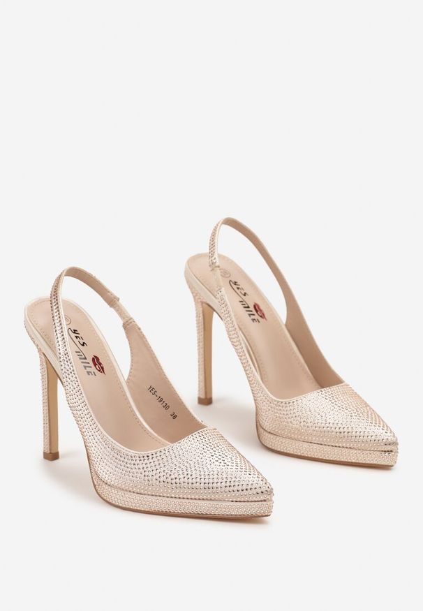 Renee - Beżowe Satynowe Sandały na Szpilce i Grubej Podeszwie z Ozdobnymi Cyrkoniami Lenaqia. Kolor: beżowy. Materiał: satyna. Obcas: na szpilce. Styl: klasyczny
