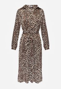 Renee - Brązowa Koszulowa Sukienka w Panterkę z Wiązanym Paskiem Ramalli. Kolor: brązowy. Materiał: materiał, tkanina. Wzór: motyw zwierzęcy. Typ sukienki: koszulowe. Długość: midi #5
