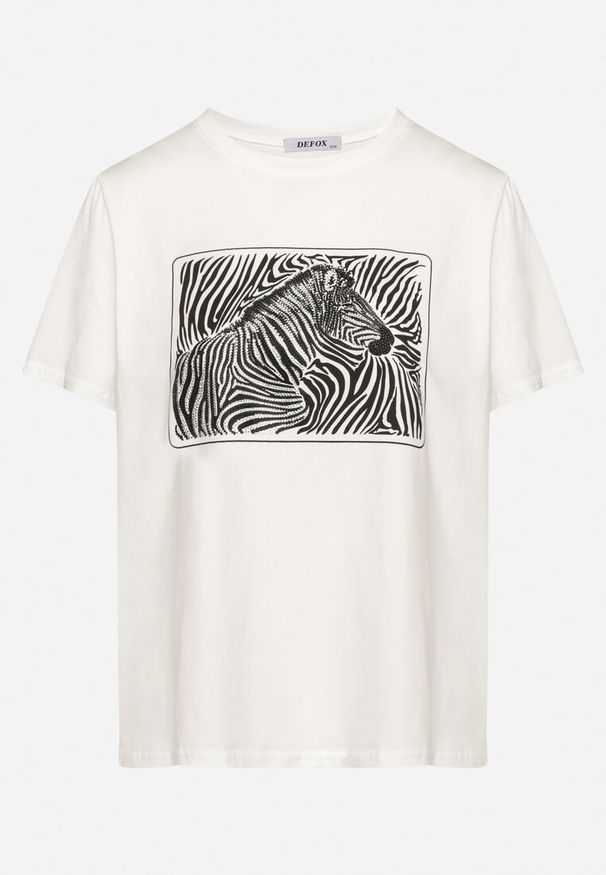 Born2be - Biały T-shirt z Bawełny o Kroju Oversize z Nadrukiem z Zebrą Naliviel. Okazja: na co dzień. Kolor: biały. Materiał: bawełna. Wzór: nadruk, motyw zwierzęcy. Styl: klasyczny, elegancki, casual