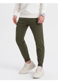 Ombre Clothing - Spodnie męskie dresowe z przeszyciem i zamkiem na nogawce - oliwkowe V3 OM-PASK-0147 - XXL. Kolor: oliwkowy. Materiał: dresówka. Wzór: nadruk #1