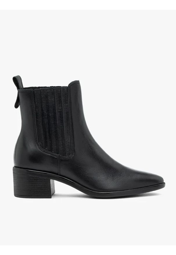 Ryłko - Czarne sztyblety na słupku ze skóry licowej. Okazja: do pracy. Zapięcie: bez zapięcia. Kolor: czarny. Szerokość cholewki: normalna. Wysokość cholewki: za kostkę. Materiał: skóra. Sezon: wiosna, jesień. Obcas: na słupku. Styl: street, klasyczny. Wysokość obcasa: średni