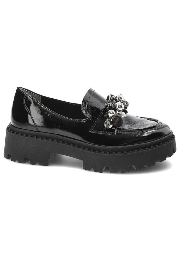 Czarne Półbuty Armodo Stylowe Mokasyny Damskie. Okazja: na spotkanie biznesowe, do pracy. Kolor: czarny. Materiał: lakier. Wzór: aplikacja. Styl: elegancki